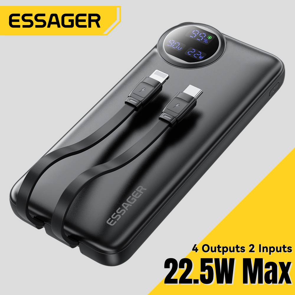 Ngân hàng điện thoại di động màn hình kỹ thuật số ESSAGER 22,5W với cáp sạc nhanh giao diện Type C và L
