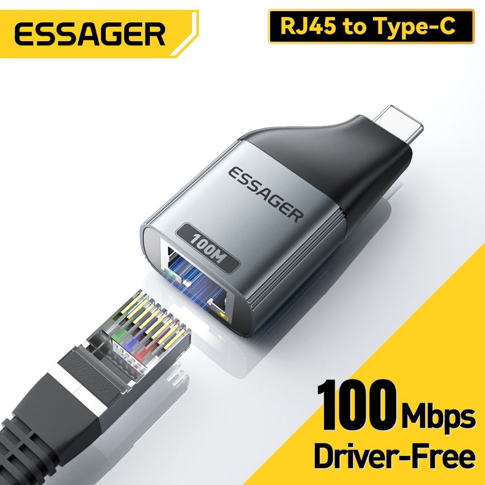 Bộ chuyển đổi Ethernet Essager Type-C sang 100M / 1000M Bộ chuyển đổi mạng cho máy chiếu điện thoại máy tính xách tay