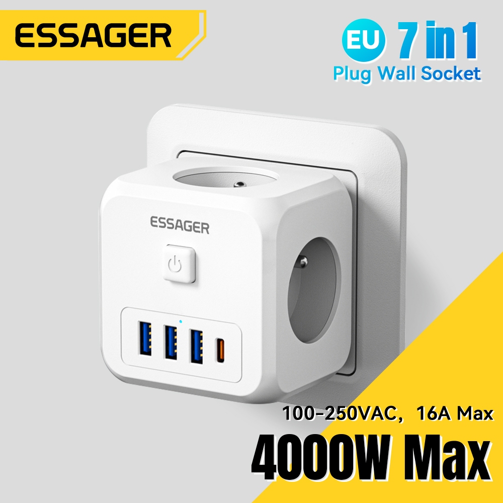Essager Giao diện EU Bộ sạc bộ chuyển đổi du lịch 7 trong 1 3 EU AC + 3 USB + 1 Giao diện Type-C Điện áp đầu vào: 110V-250V