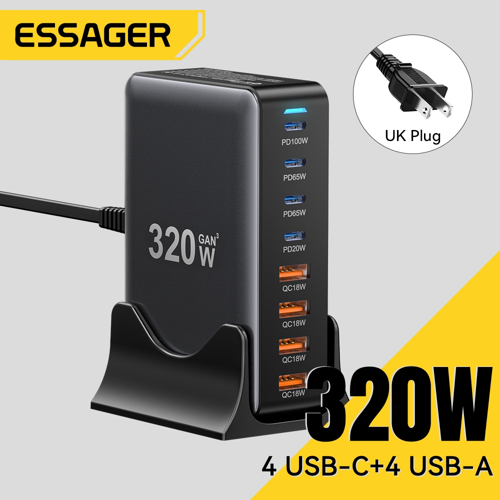 Bộ sạc GaN ESSAGER 320W Bộ chuyển đổi cổng 4A + 4C Hỗ trợ sạc nhanh PPS PD3.1. Qc4.0 FCP SCP BC1.2 DCP Ap2.4A Samsung AFC Có Thể Thích Ứng Cho Laptop, Máy Tính Bảng, Điện Thoại Di Động, Tai Nghe