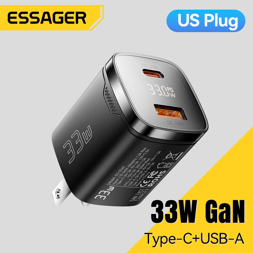 Bộ sạc GAN ESSAGER 33W USB-A + Type-C Bộ chuyển đổi sạc nhanh Hỗ trợ PPS PD3.0 QC4.0 Ap2.4A Bộ sạc du lịch AFC