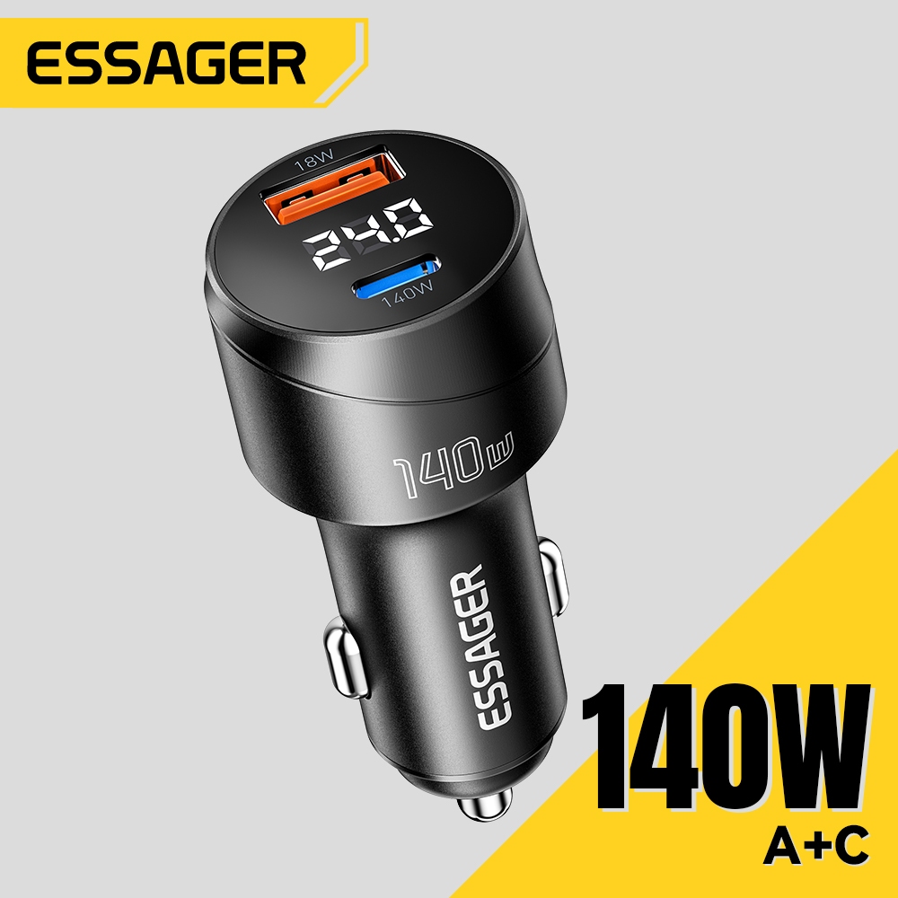 Bộ sạc xe hơi ESSAGER 140W A + C Bộ sạc nhanh có màn hình kỹ thuật số Hỗ trợ PPS PD3.1. Qc4.0 DCP Ap2.4A Đầu ra Samsung AFC 12-24V