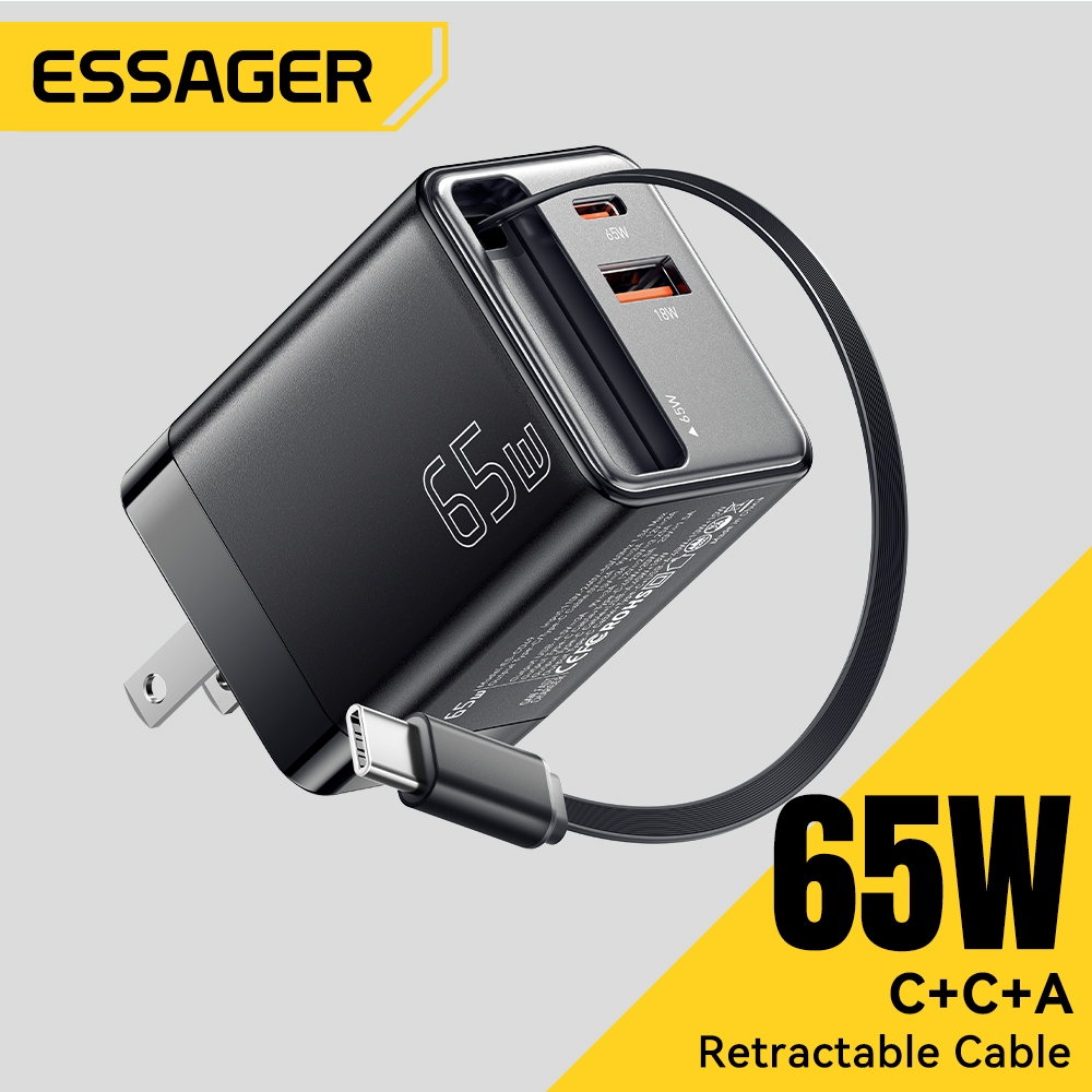 Essager 65W GaN Supert Sạc 3 Trong 1 Với Cáp Có Thể Thu Vào Tích Hợp + Type-C + USB A Cổng Sạc Có Thể Gập Lại