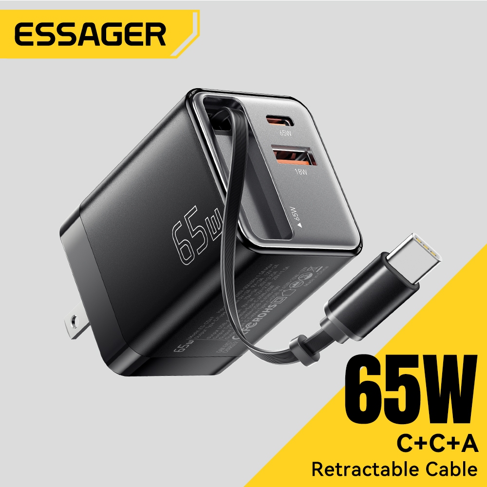 Cáp sạc GaN ESSAGER 65w Cáp Type-C + Bộ chuyển đổi sạc nhanh du lịch cổng Type-C & USB-A