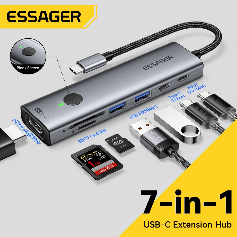 Essager 7-IN-1USB3.0 Loại C HUB Sang HDMI SD TF USB-A TypeC Trạm Docking Đa Năng Cho Điện Thoại Máy Tính Bảng Máy Tính Bảng