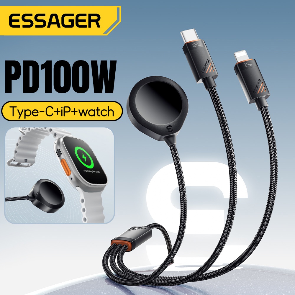 Essager Type-C sang C + L + Đồng hồ Cáp sạc 3 trong 1 không dây Tương thích với dòng ip 5-16, Dòng đồng hồ Ap, Android, Laptop