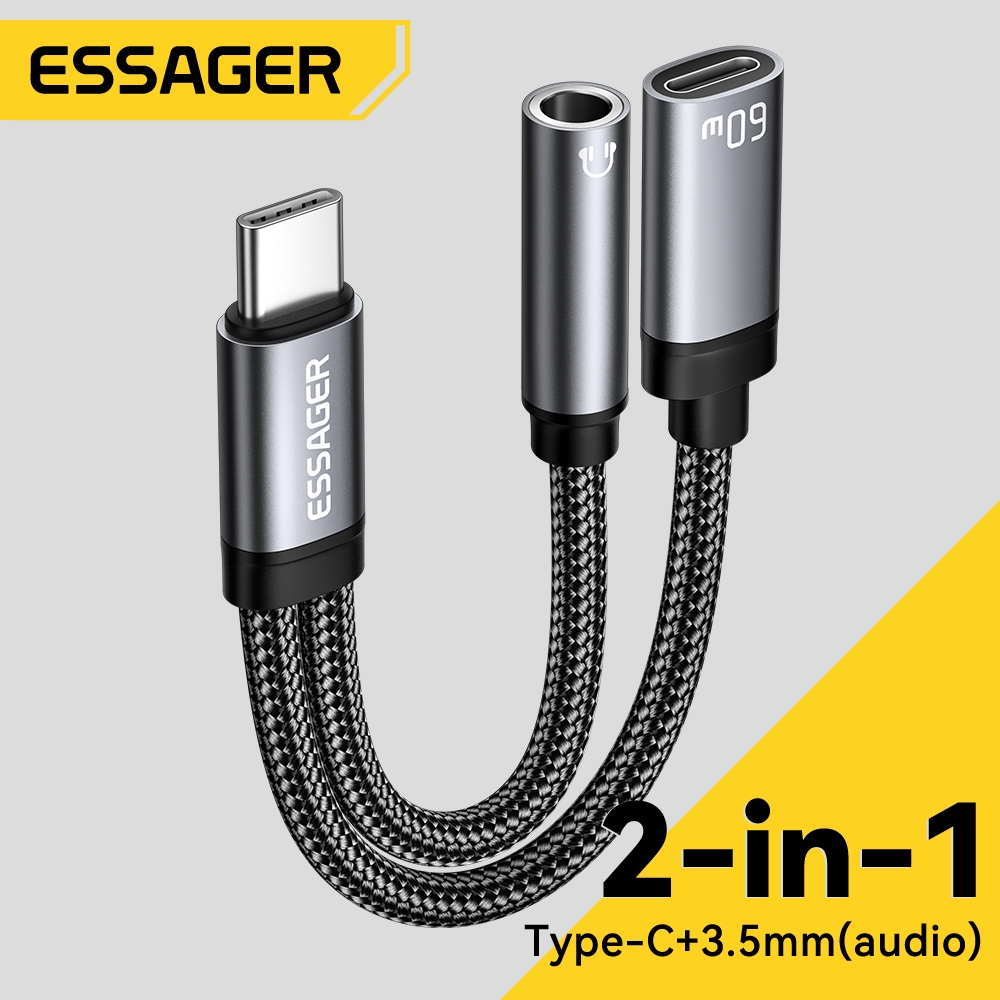 Cáp chuyển đổi 2 trong 1 sạc âm thanh ESSAGER 60w Type-C sang Type-C / 3,5mm Chất lượng âm thanh có độ phân giải cao tương thích với một loạt các thiết bị