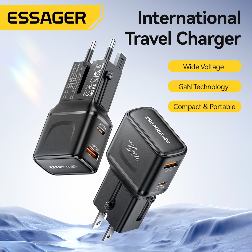 Essager GAN Bộ chuyển đổi du lịch đa năng có USB + Bộ chuyển đổi phích cắm sạc Type C cho Nhật Bản HongKong TH SG KR VN