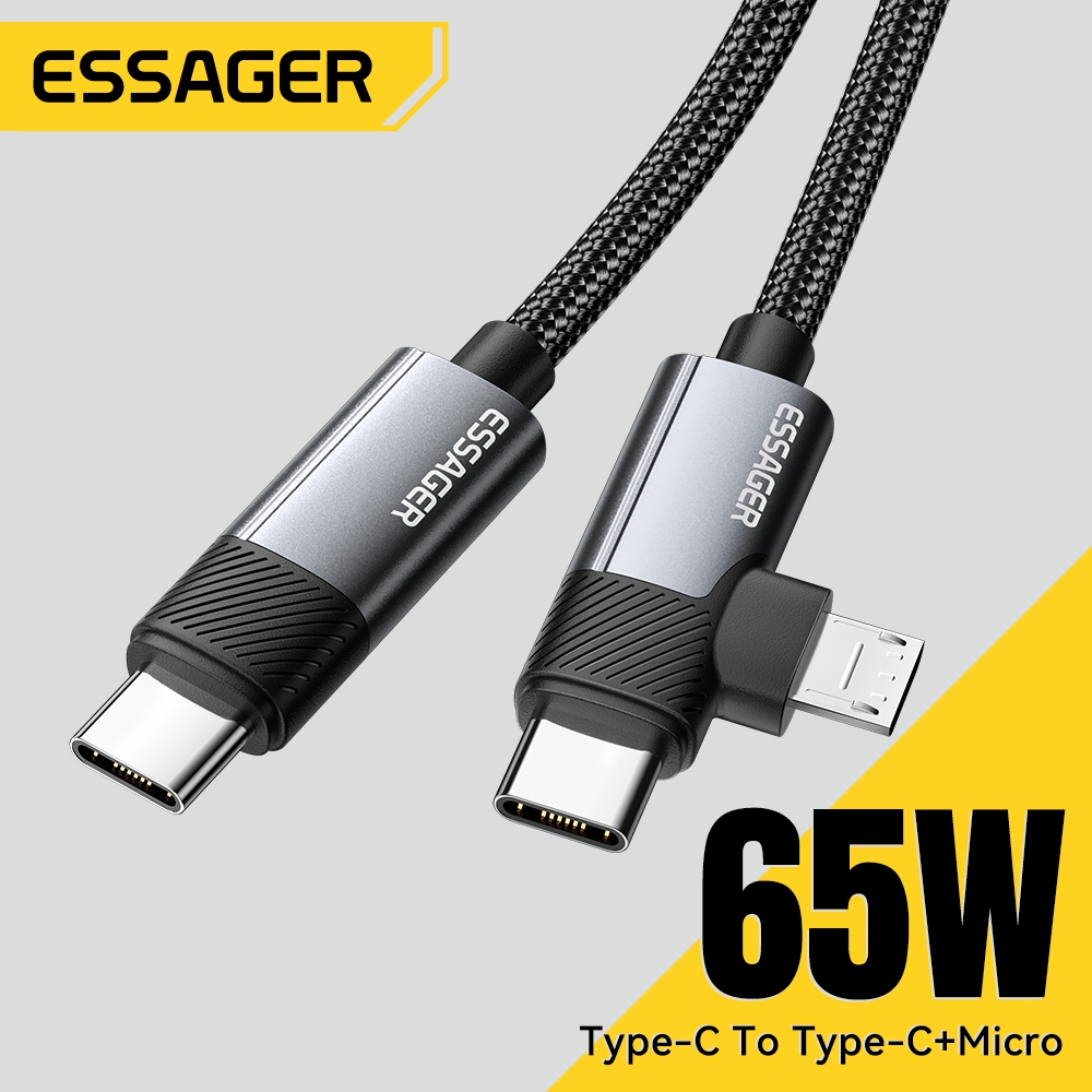 Essager 65W Type-C sang Type-C + Micro Cable Bộ chuyển đổi dây sạc nhanh 2 trong 1 cho ip 15-16 Huawei
