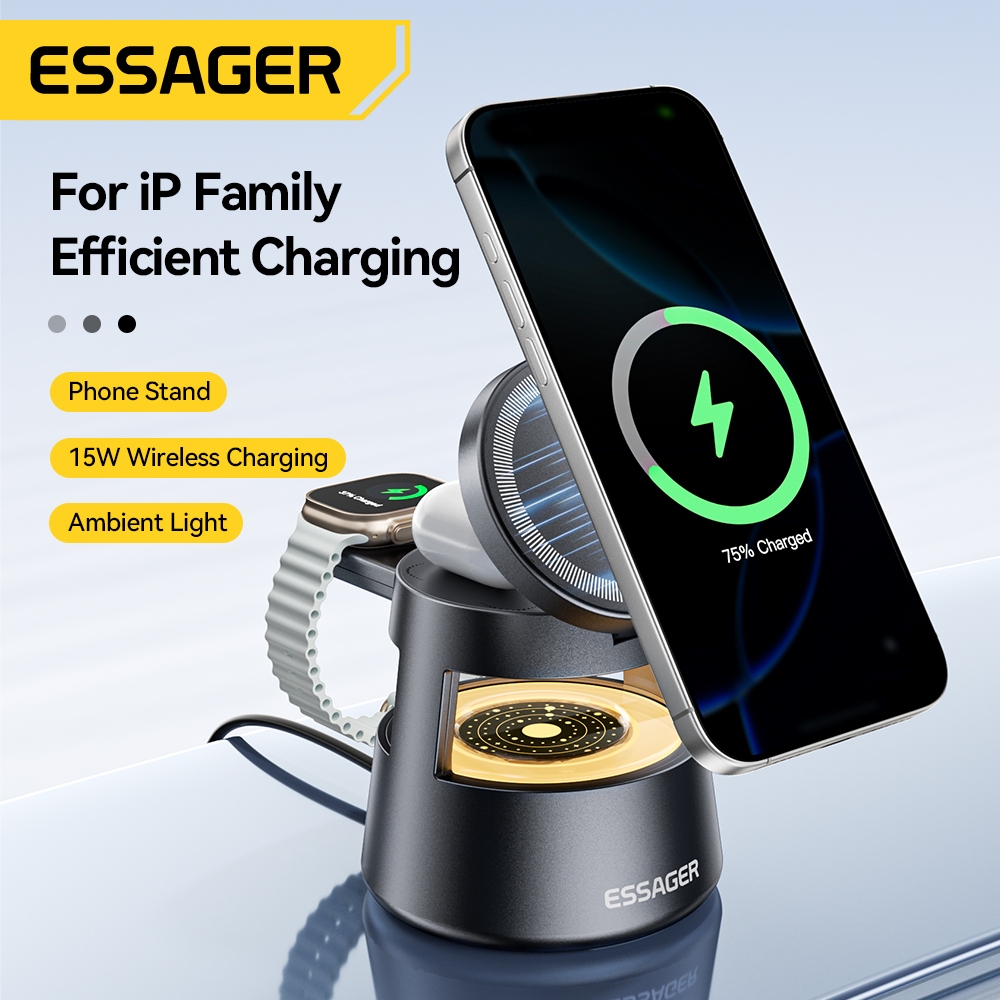 Đế sạc không dây từ tính Essager 15W Max Điện thoại di động 4 trong 1 + Đồng hồ + Tai nghe + Đế sạc đèn ngủ