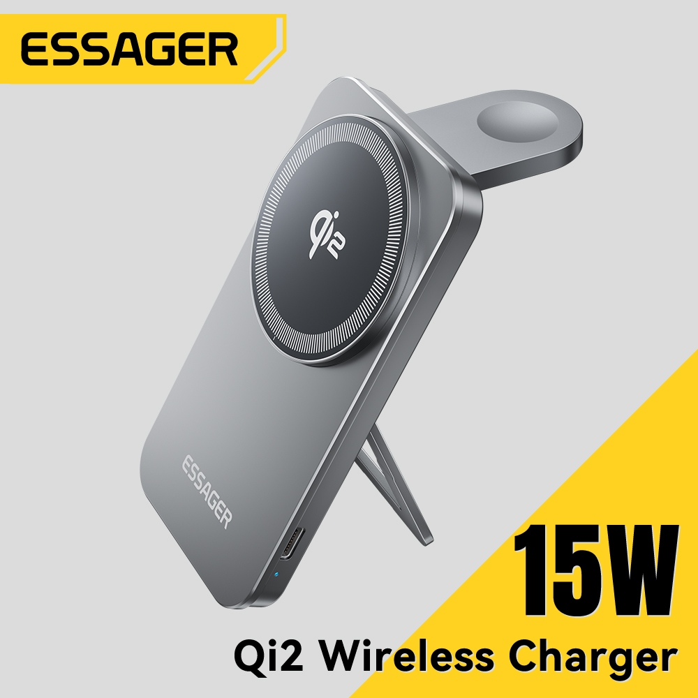 Essager 15W Bộ sạc không dây 2 trong 1 Qi2 để bàn Giá đỡ có thể gập lại Bộ sạc thiết bị sạc nhanh di động đa chức năng cho đồng hồ iP 16-12 iP