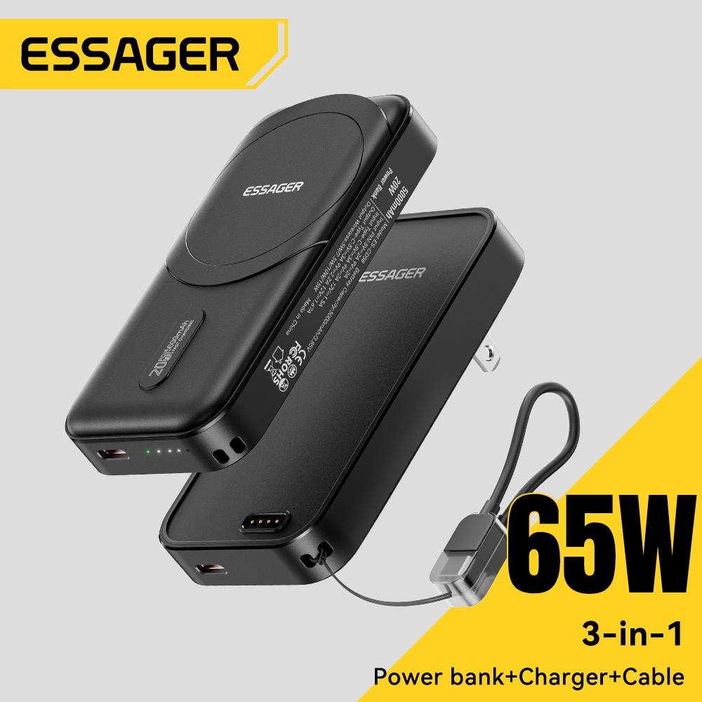 Ngân hàng điện 3 trong 1 Essager + Bộ sạc GaN 65W + Cáp dự phòng từ tính 5000 Mah