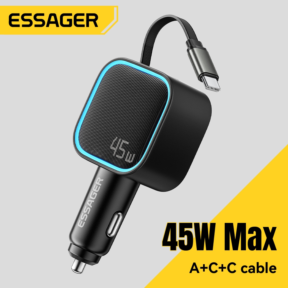 Essager 75CM Type-C Cáp có thể thu vào + Loại C + UsbA ba cổng PD30W Sạc ô tô Điện áp đầu vào 12-24V