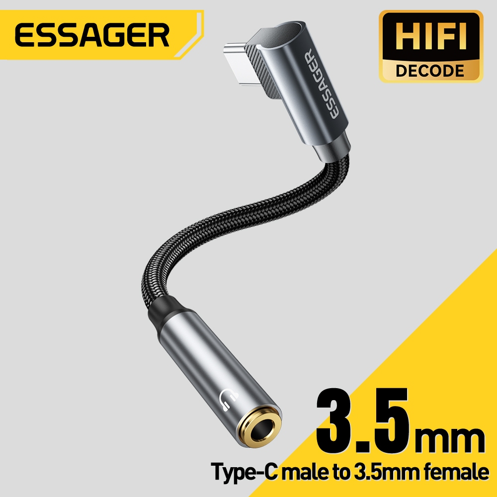 Cáp chuyển đổi ESSAGER Type-C / L sang 3,5 mm với 24 sợi PP bện cho chất lượng âm thanh độ phân giải cao Thiết kế khuỷu tay hỗ trợ điều khiển và cắm và chạy dây
