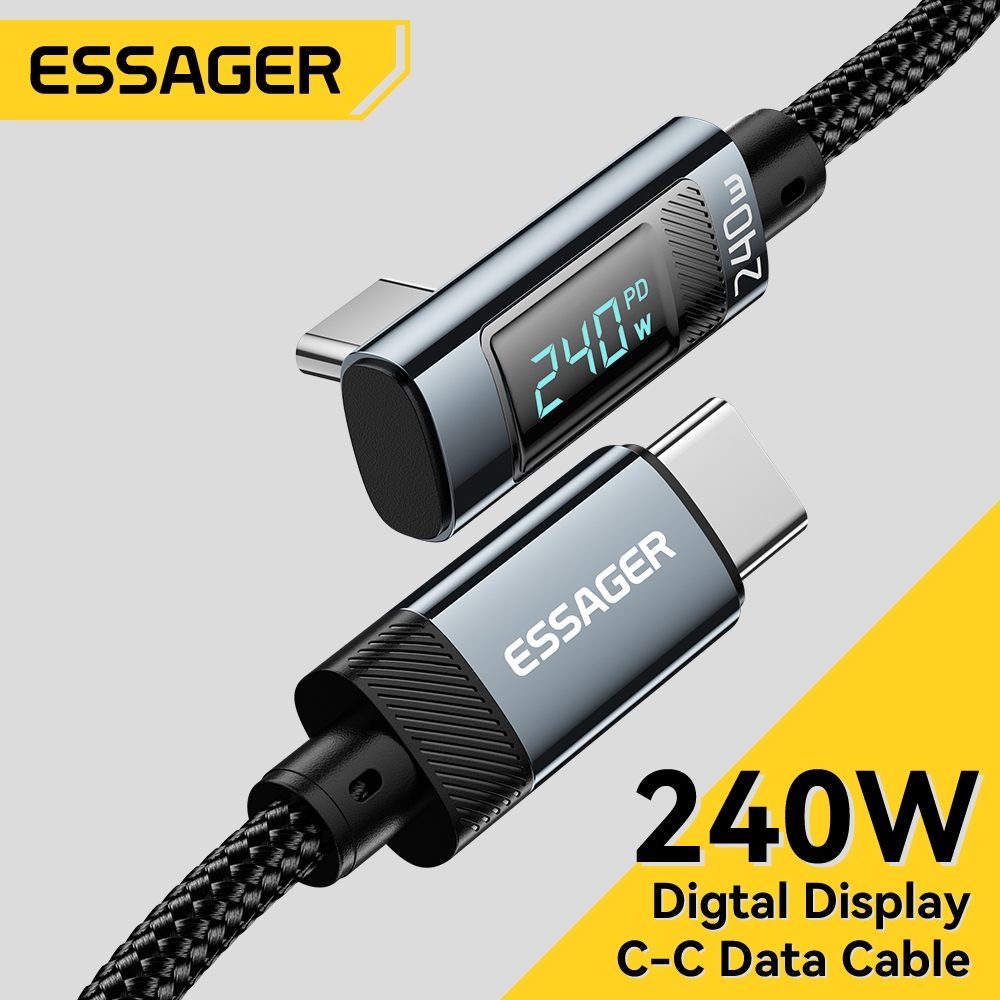 Cáp dữ liệu kỹ thuật số ESSAGER 240W Type-C Khuỷu tay 5A Cáp sạc nhanh 24 sợi PP bện bện Dây kéo chống mài mòn Công suất hiển thị thời gian thực Thích hợp cho máy tính xách tay