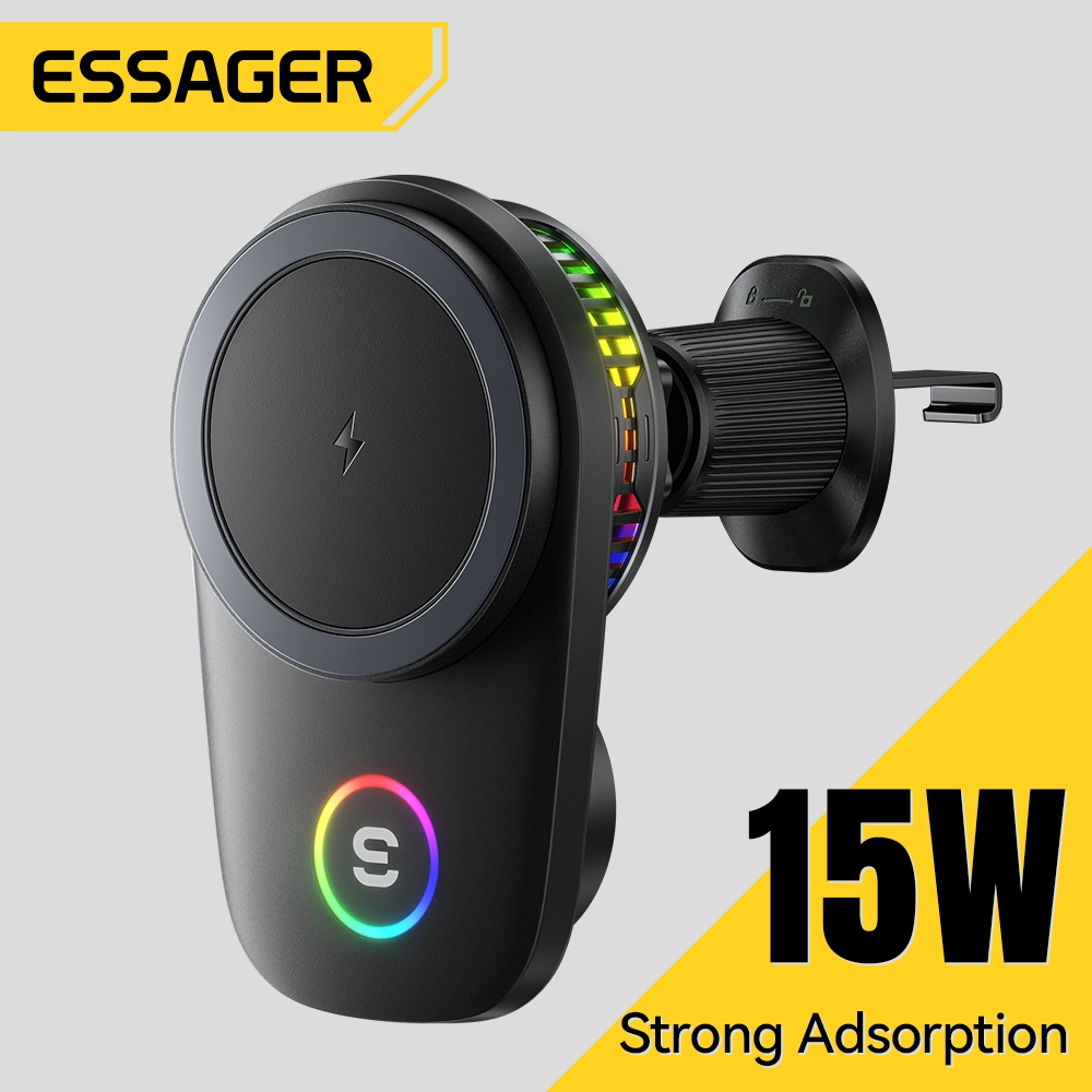 ESSAGER 15W Giá đỡ xe sạc không dây từ tính RGB Đèn xung quanh mạnh từ tính chống rung Mô hình ổ cắm khí