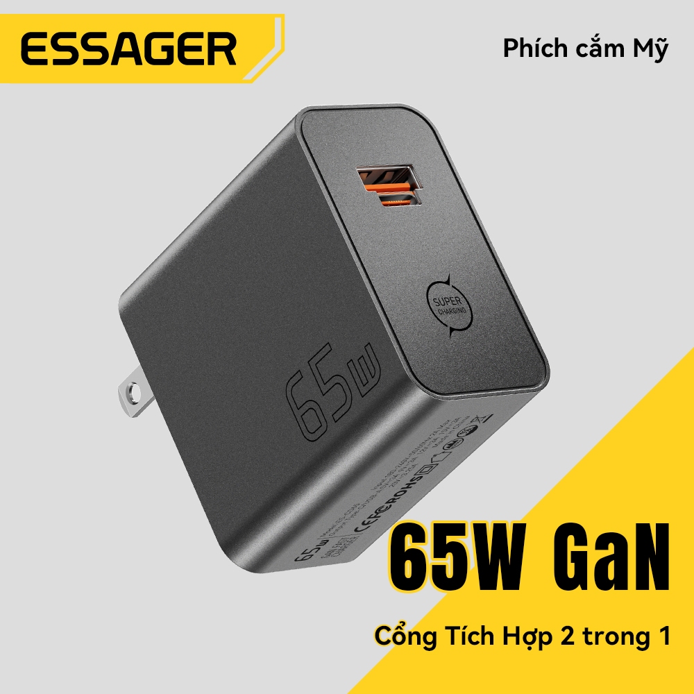 ESSAGER 65W GaN Sạc PD3.0 QC4.0 PPS Đa Giao Thức Sạc Nhanh Đầu Ra Độc Lập Bảo Vệ An Toàn Di Động Sạc Công Suất Cao
