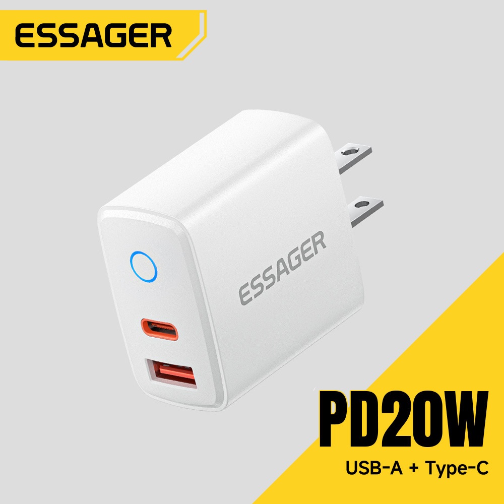 Đầu sạc cổng kép ESSAGER 20W Type-C + USB-A PD Sạc nhanh Tương thích với iP Android Trắng