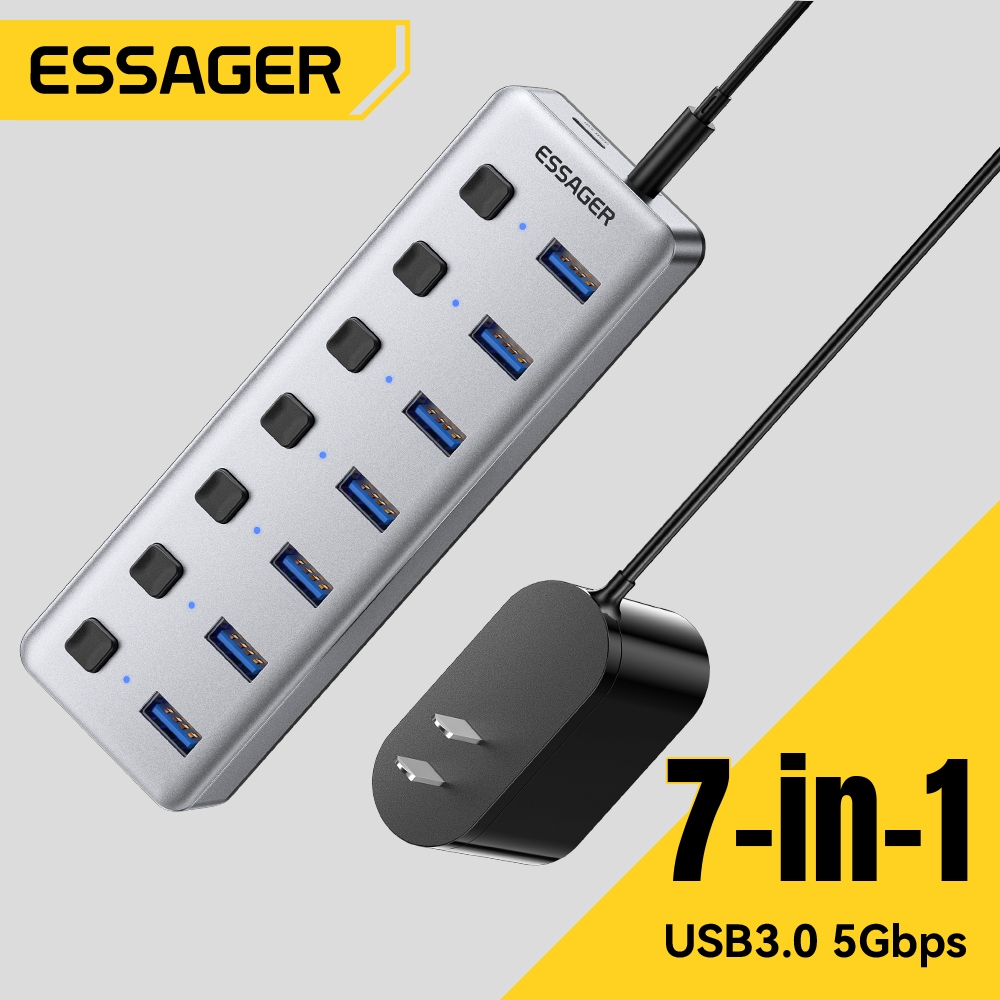 ESSAGER dock mở rộng bảy trong một USB 3.0 bộ chia bảy cổng truyền tốc độ cao 5Gbps với nguồn điện 24W + 1 mét