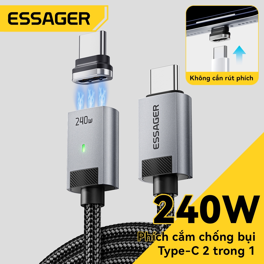 ESSAGER Cáp sạc nhanh từ tính mạnh mẽ C sang C 240W Máy tính xách tay Chip đánh dấu điện tử công suất cao MBk Cáp dữ liệu bện đa năng