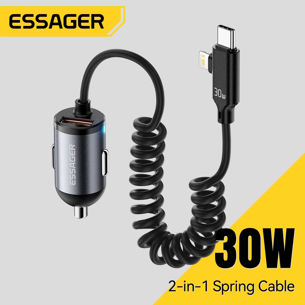 Bộ sạc ô tô 2 trong 1 Essager 30W có cáp dữ liệu tải lò xo để lắp đặt an toàn Tương thích với 12V-24V