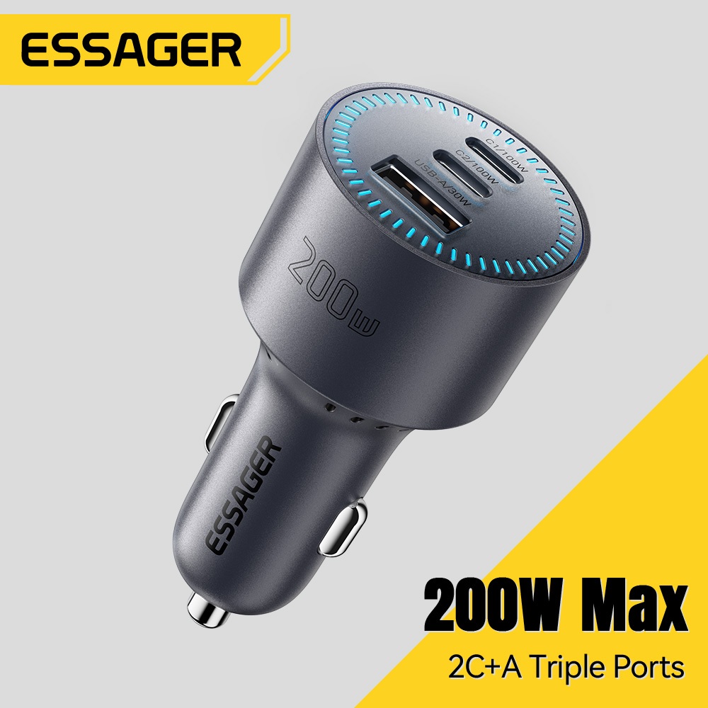 ESSAGER 200W 3 Cổng Sạc Xe Hơi PD 100W Loại C Sạc Nhanh USB Một Bộ Chuyển Đổi Sạc Nhanh Cho Laptop Điện Thoại