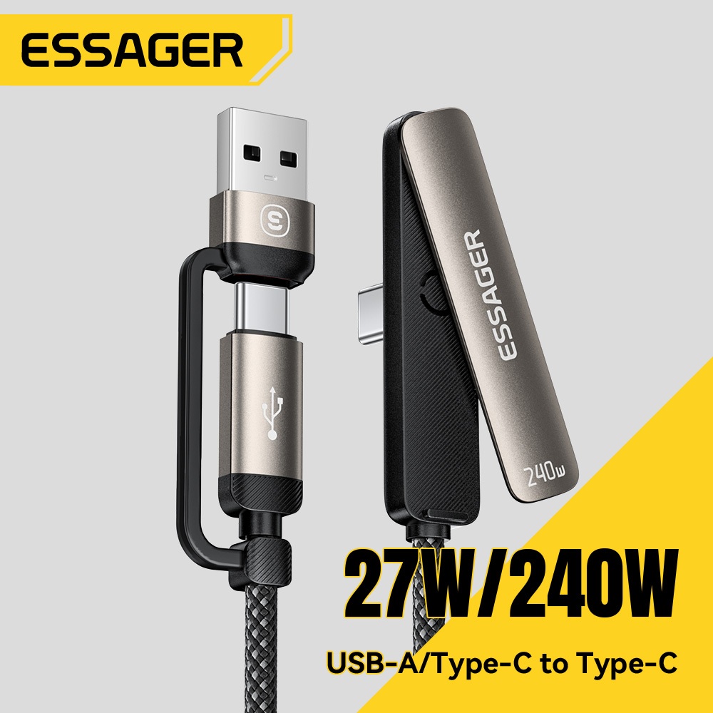 Cáp sạc ESSAGER 240W Type-C USB2.0 480Mbps Đồng bộ hóa dữ liệu Giao diện 2IN1 Tích hợp Giá đỡ điện thoại di động 1M / 2M