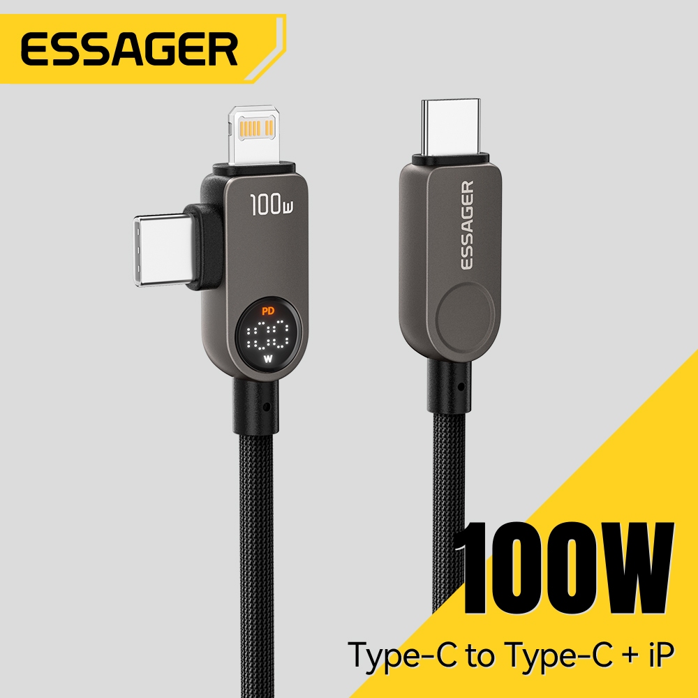 Cáp ESSAGER 100W 2 TRONG 1 Type-C + L 5A PD Sạc Nhanh Màn Hình Hiển Thị Nguồn Điện Kỹ Thuật Số USB2.0 480Mbps Dây Bện Dữ Liệu