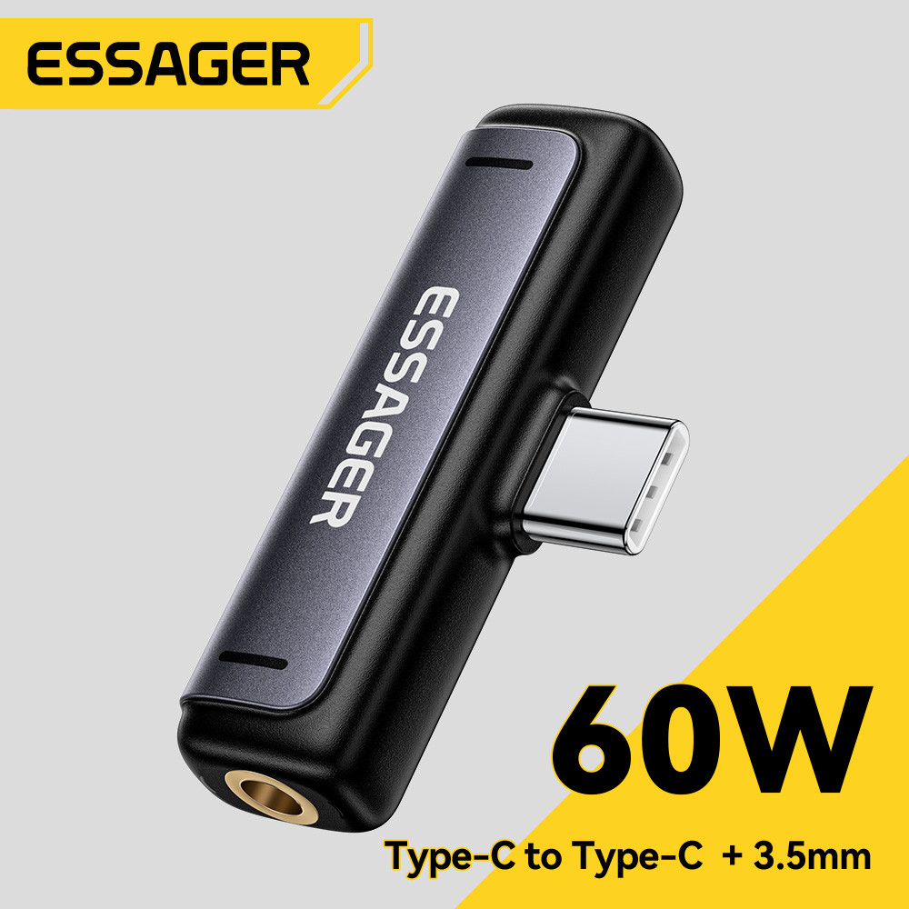 Bộ chuyển đổi âm thanh sạc ESSAGER Type-C 2 trong 1 PD60W Bộ chuyển đổi và nghe nhanh từ một đến hai
